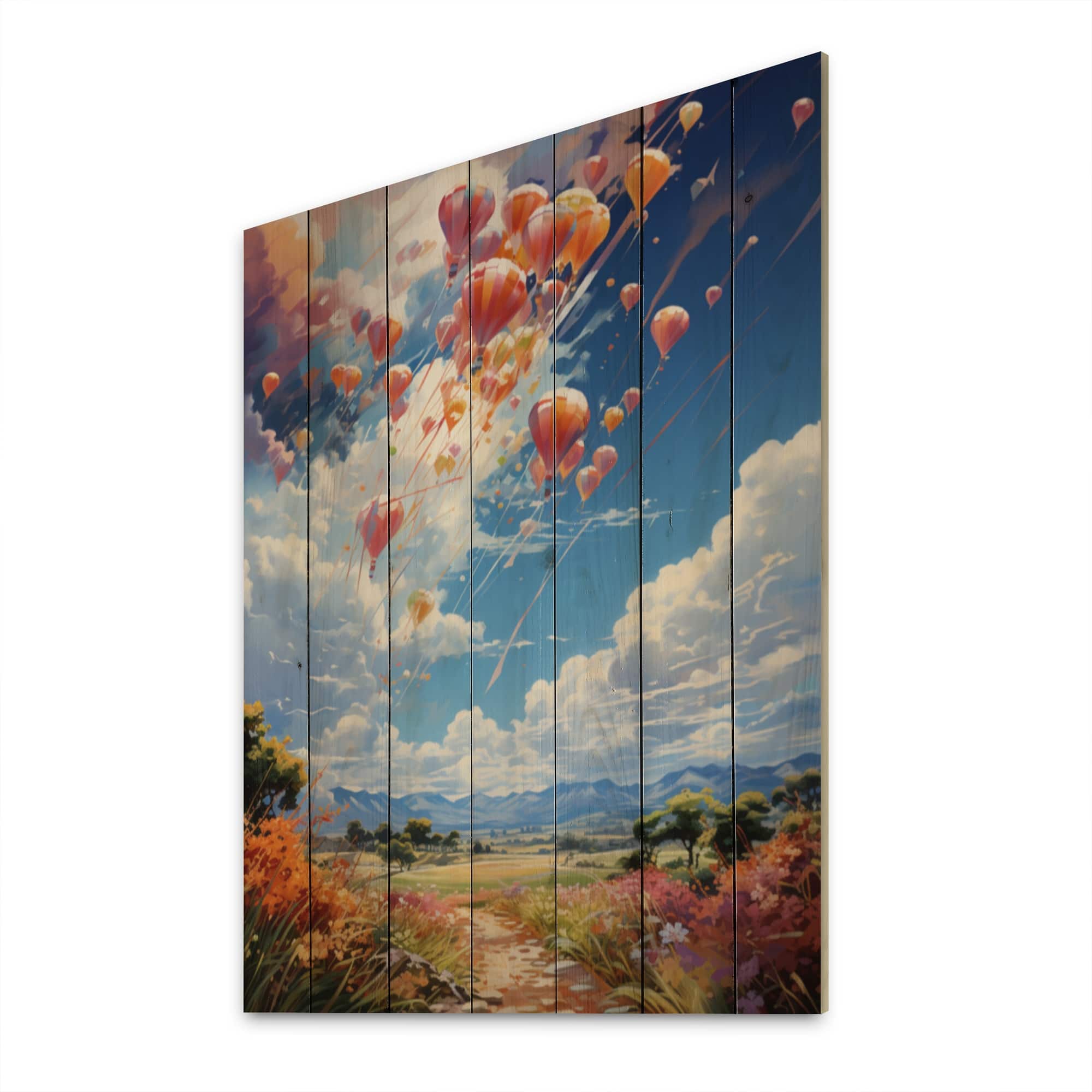 Designart "Japon Art Kites In The Sky" Japanese Print on Natural Pine
